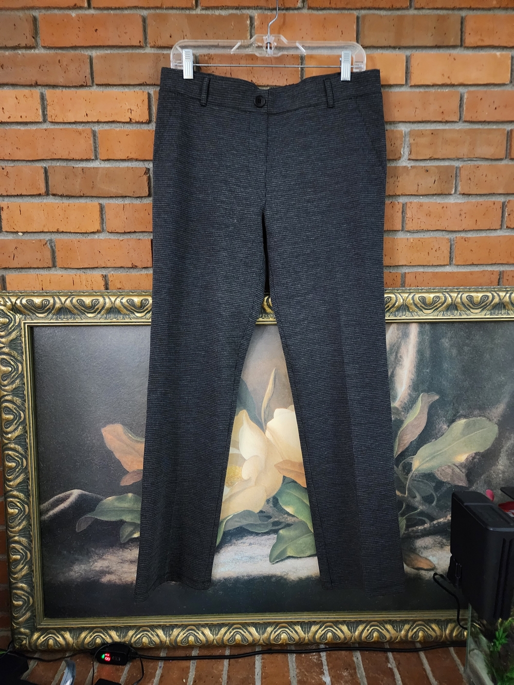 Betabrand Women's Slim Straight Dress Pants in Dark Charcoal Plaid Print XL